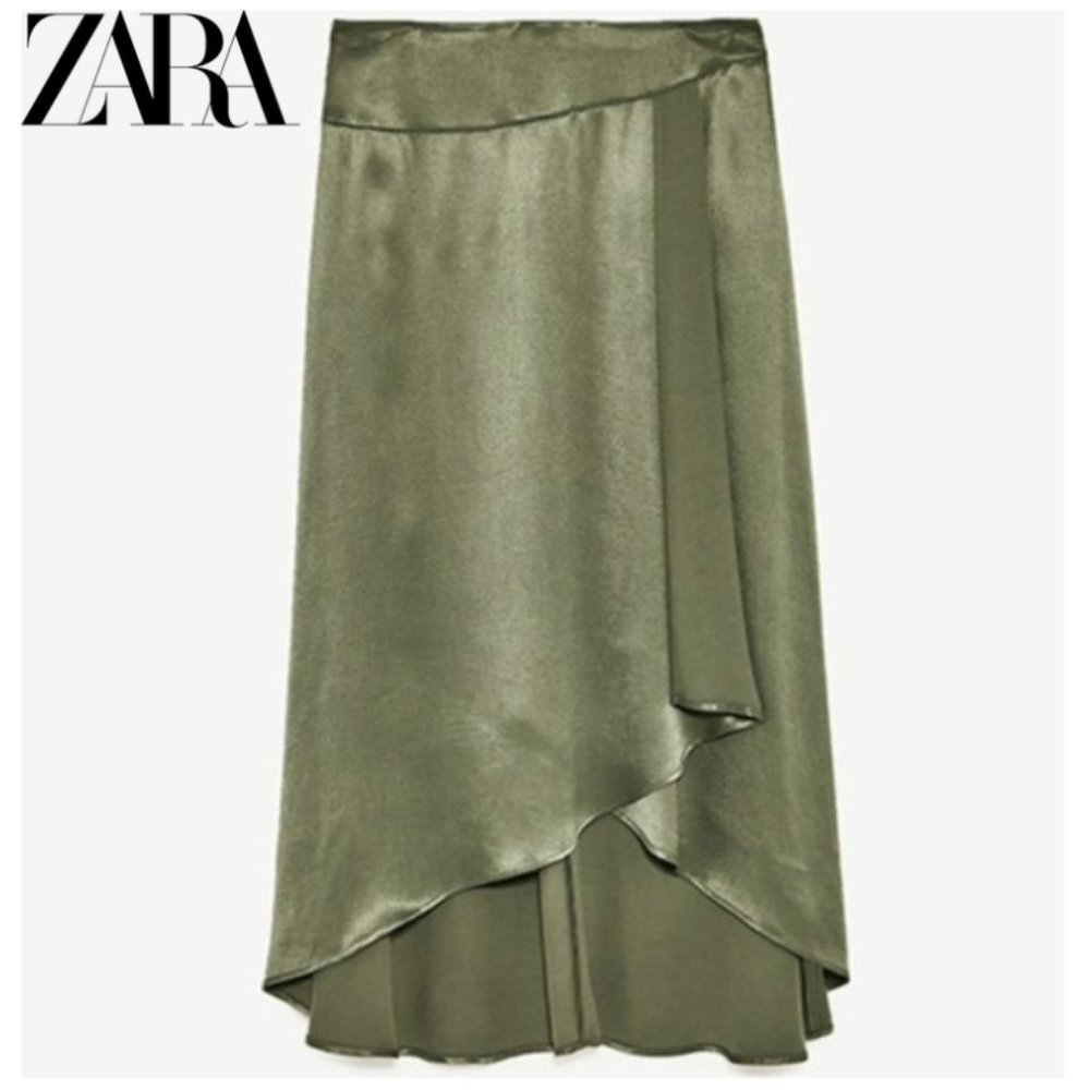 Zara Olive Green Satin Midi Skirt